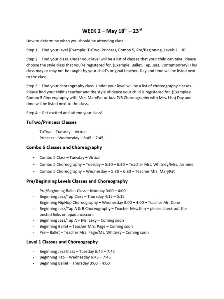 Dance Class Schedule and Guidelines | PDF | Choreography | Concert Dance