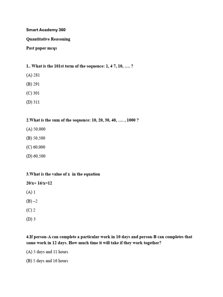 Quantitative Reasoning Past Paper MCQs | PDF | Equations | Mathematics