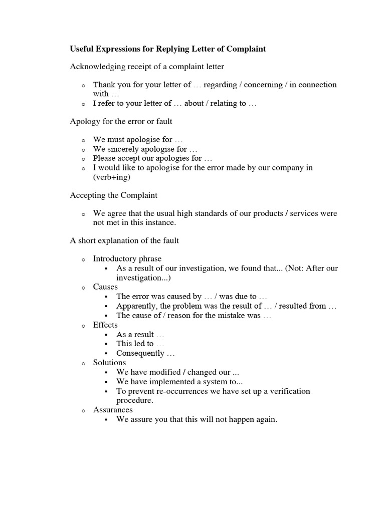 Replying to Complaint Letters: Key Phrases | PDF | Career & Growth