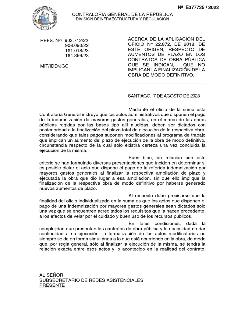 CGR Dictamen E377735-2023 Excepciones Pago de Ampliaciones Terminado El ...