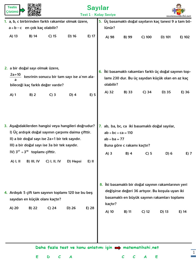 Sayılar Test 1 K | PDF