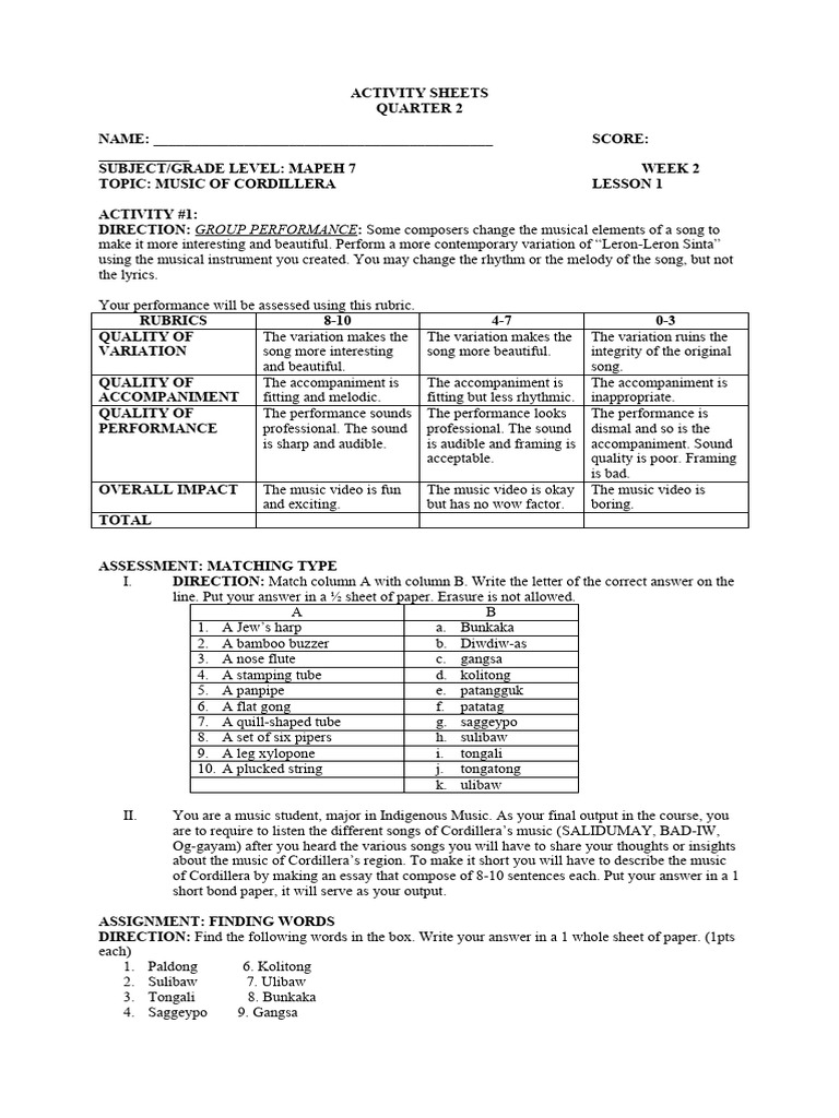 Activity sheets week 2 pdf musicology musical instruments