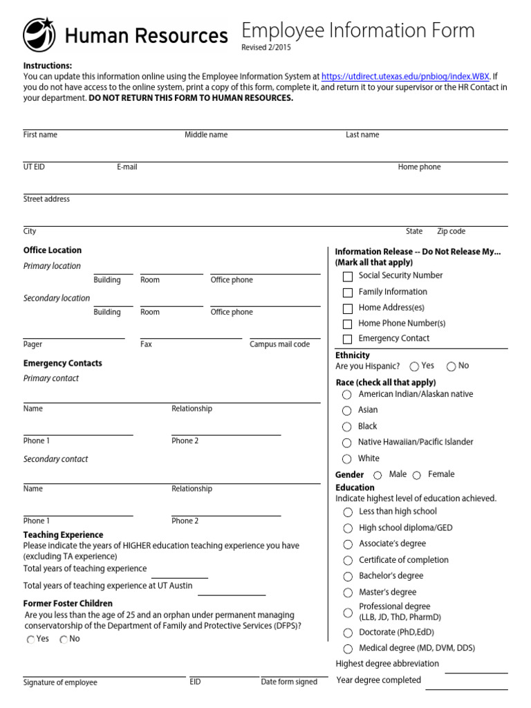 Employee Information Update Form | PDF | Academic Degree | Race And ...