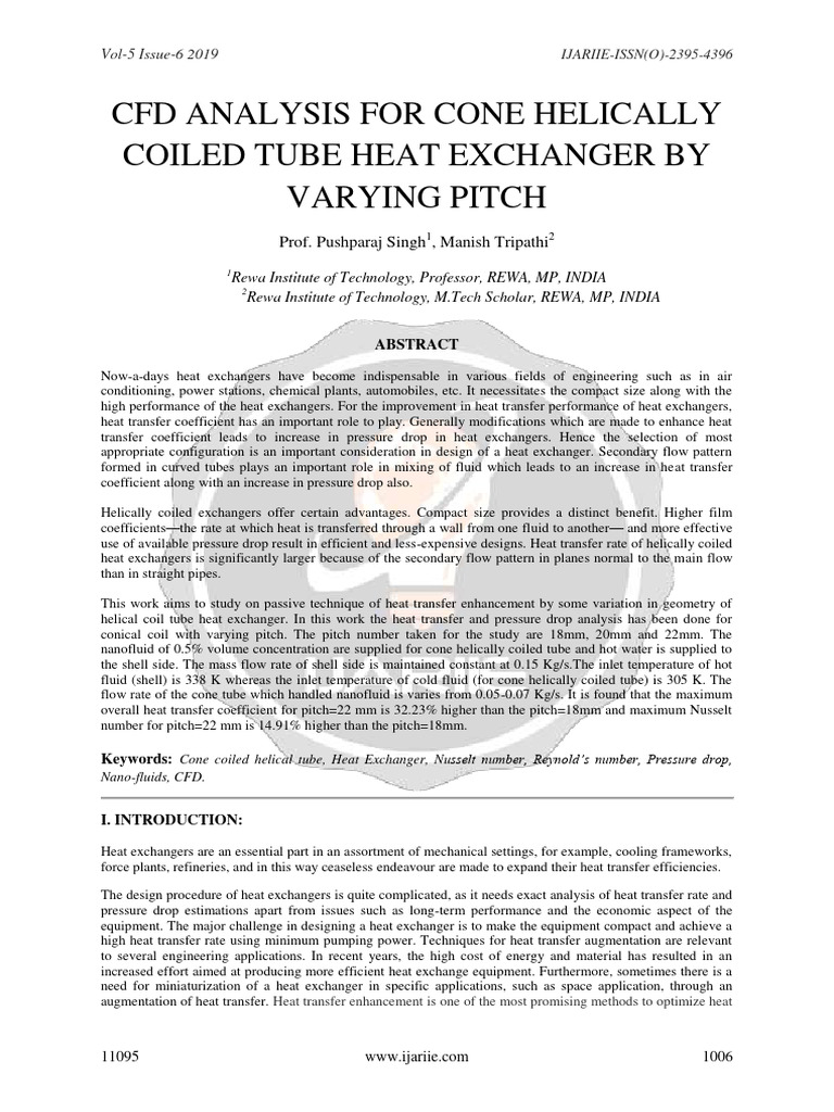 CFD Analysis For Cone Helically Coiled Tube Heat Exchanger by Varying ...