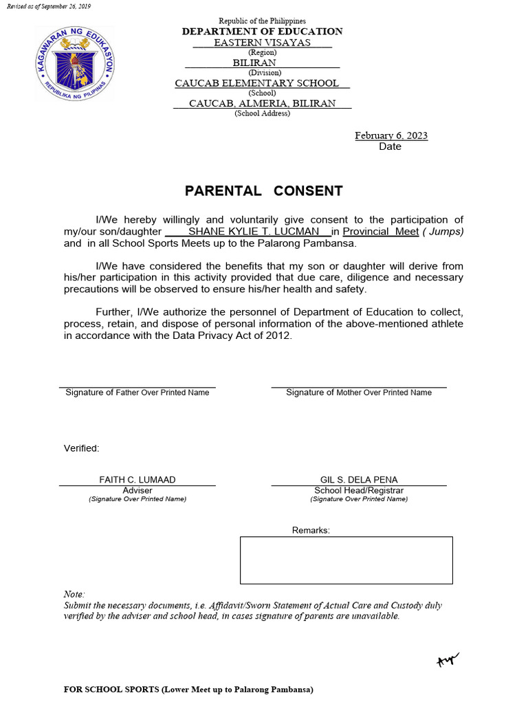 Parental Consent for Sports Participation | PDF