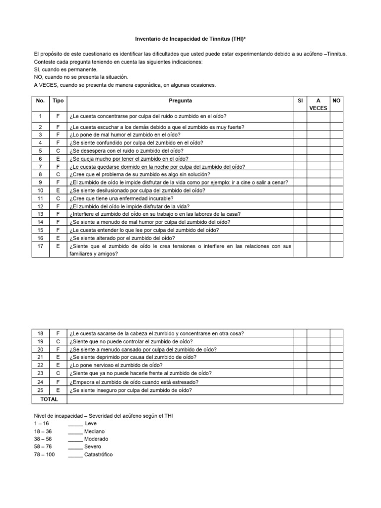 Cuestionario THI para Evaluar Tinnitus | PDF | Tinnitus