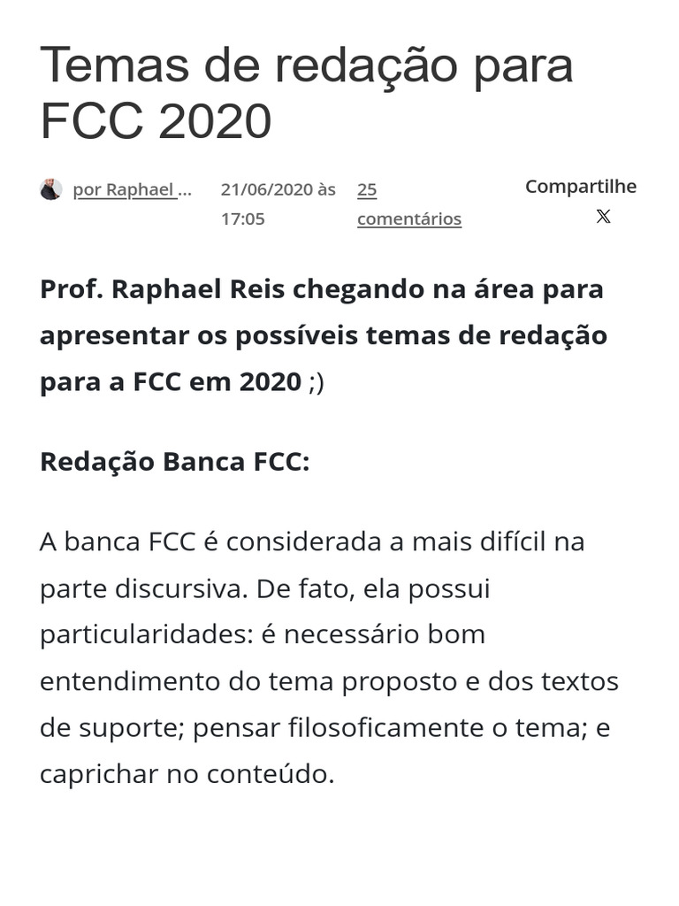Temas de Redação FCC 2020: Guia Completo | PDF | Science | Sociedade