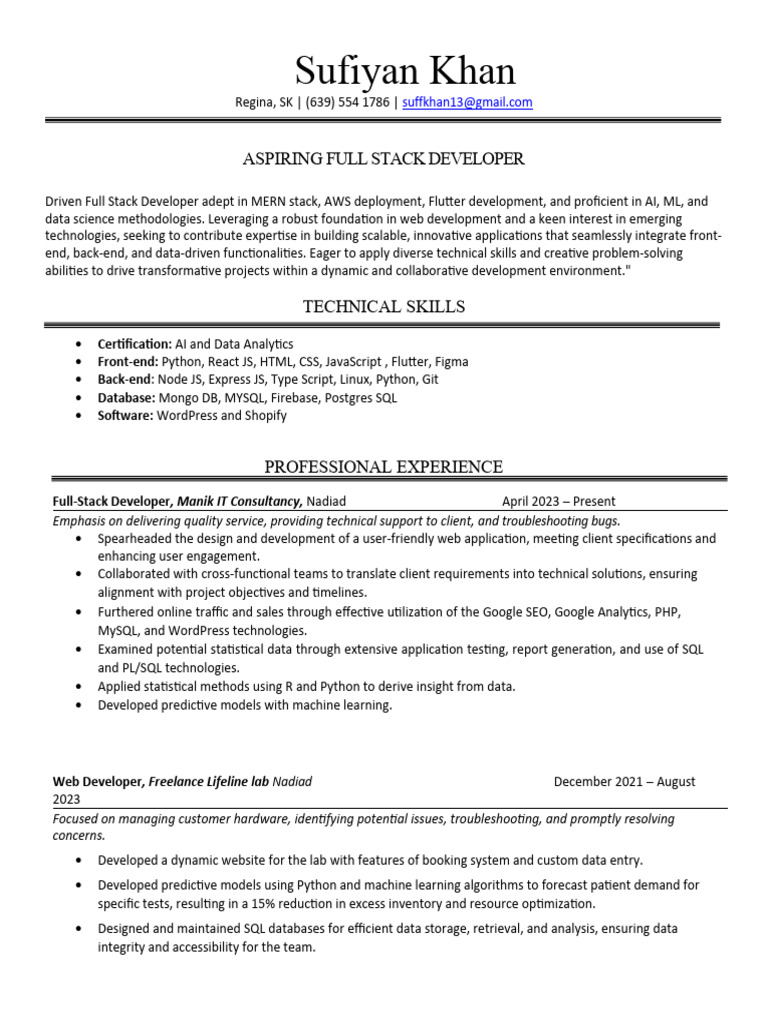 Full Stack Developer Resume Pdf Pdf Computing Computer Science