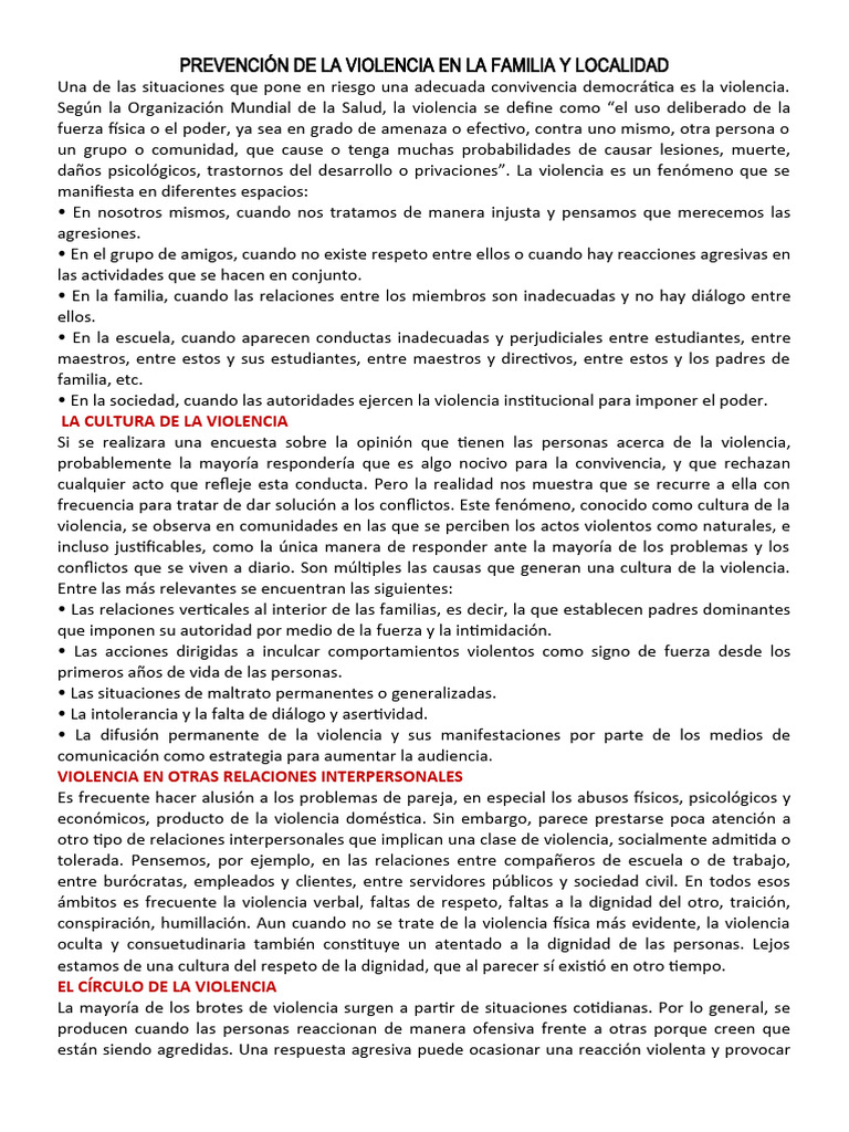 Prevención de La Violencia en La Familia y Localidad | PDF | Violencia ...