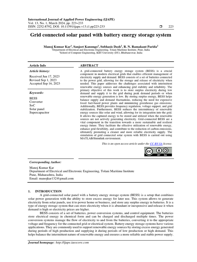 Grid Connected Solar Panel With Battery Energy Storage System | PDF ...