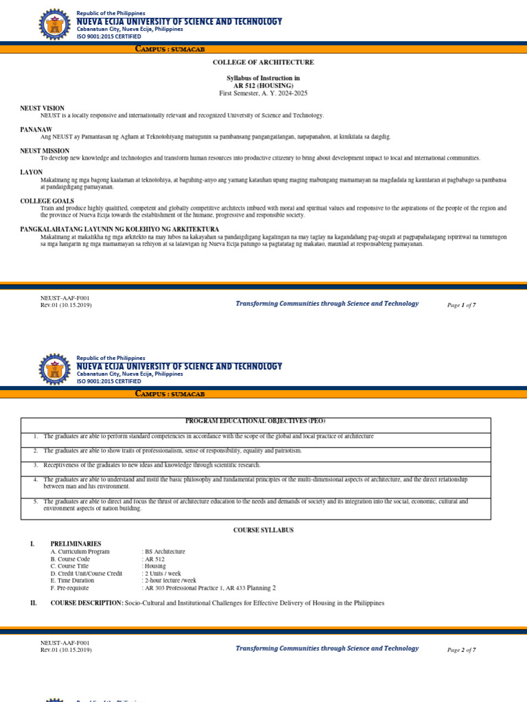 NEUST AR 512 Housing Course Syllabus | PDF | Science | Learning