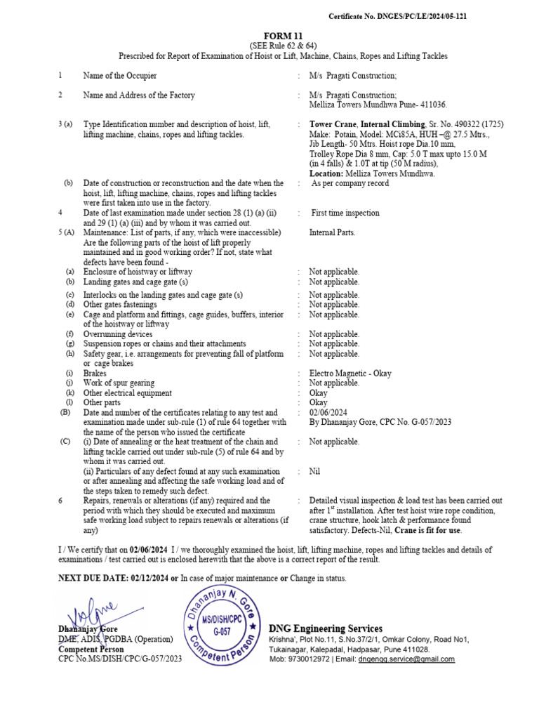 Hoist Inspection Report for Pragati Construction | PDF | Elevator ...