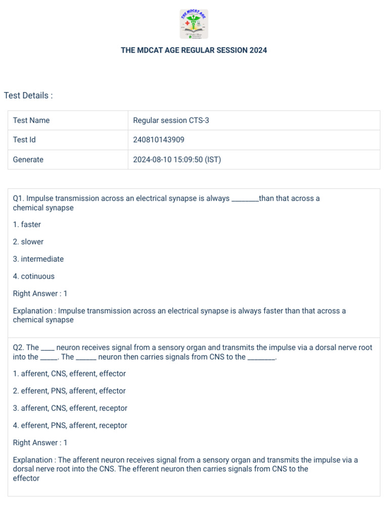 Teacher Copy Cts 3 Regular Session 2024 Pdf Neuron Bone
