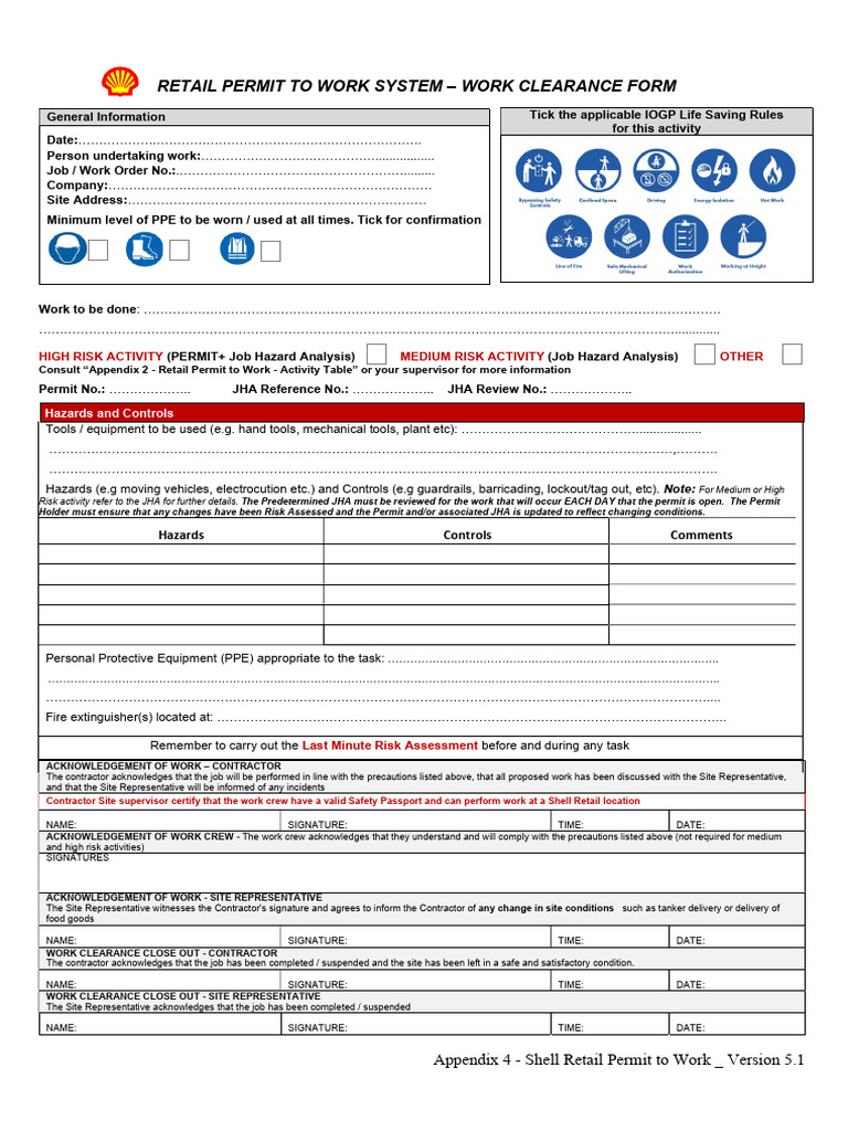 Shell Retail Work Clearance Form | PDF | Personal Protective Equipment ...