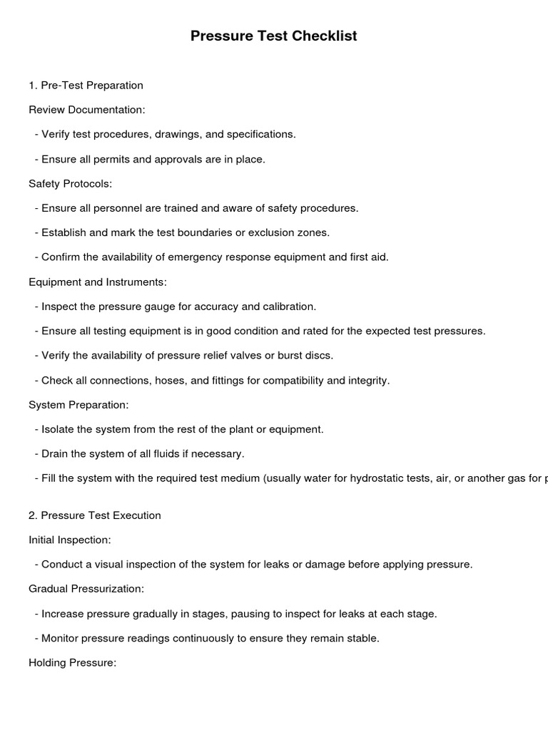 Pressure Test Checklist | PDF | Leak