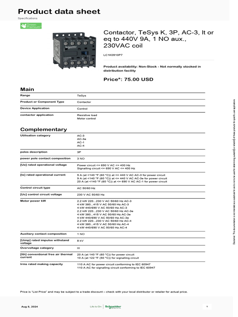 Schneider Electric LC1K0910M7 TeSys K Mini Jack, 3P AC-3, 440V 9A, Coil 220 230V AC