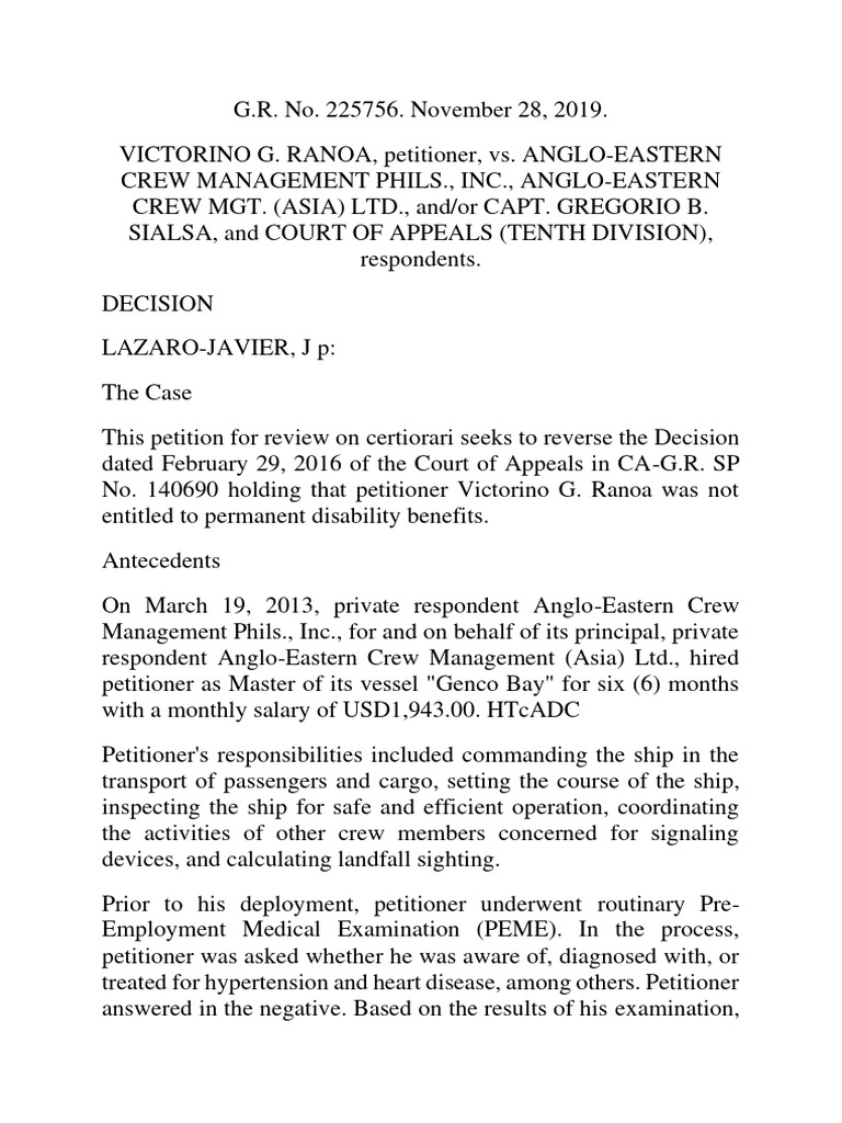 Ranoa vs. Anglo-Eastern Disability Case | PDF | Hypertension | Employment