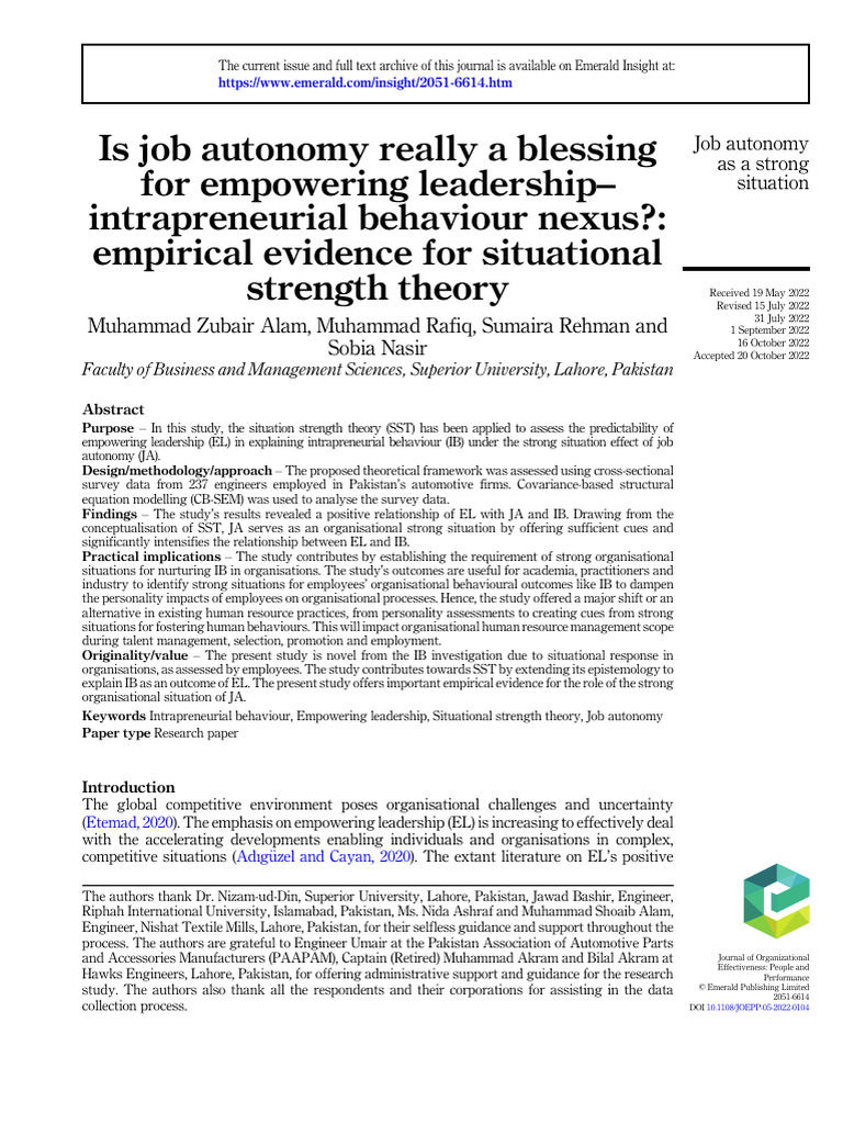 Job Autonomy's Role in Empowering Leadership | PDF | Leadership ...