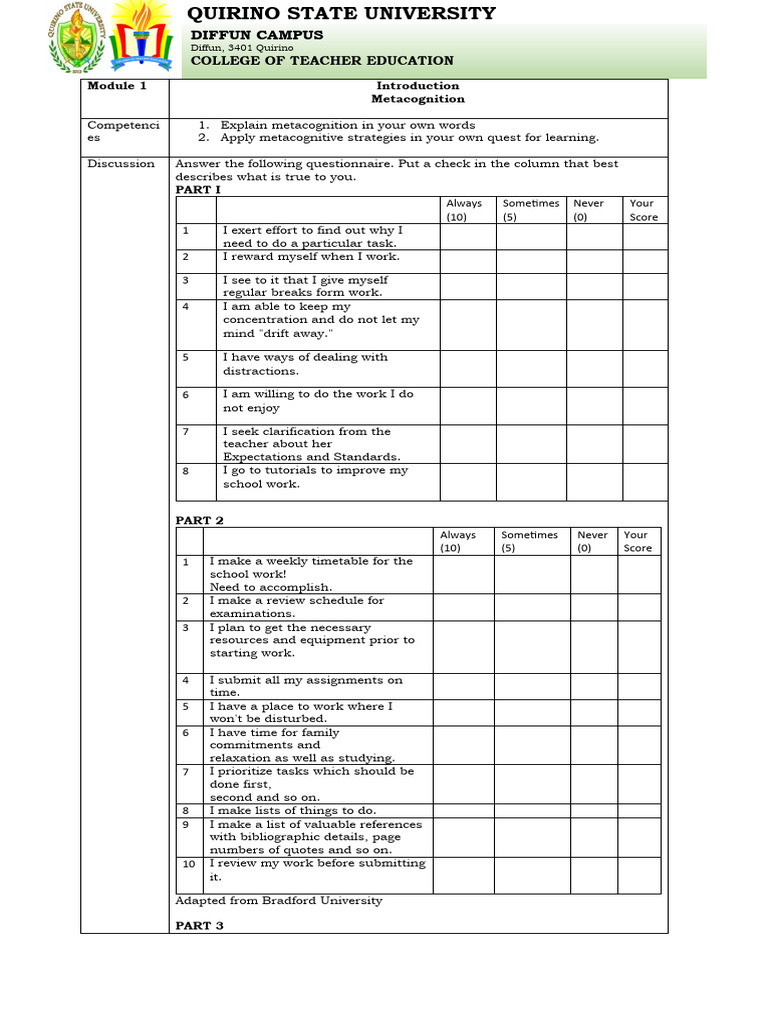 Metacognition and Study Habits Module | PDF | Metacognition | Learning