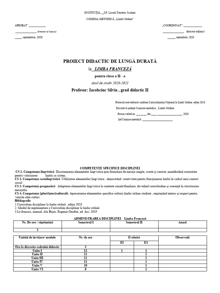 Planuire de Lunga Durata La Limba Franceza Clasa 2 | PDF