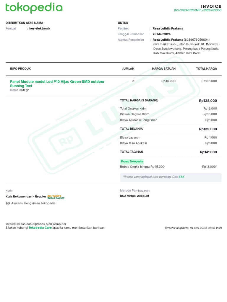 Invoice Pembelian Panel LED P10 | PDF