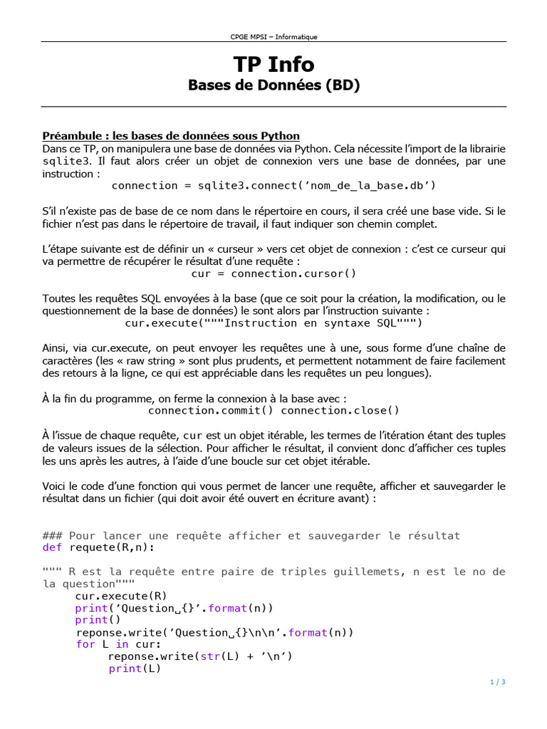 TP Python : Manipulation de BD SQLite | PDF | Bases de données ...