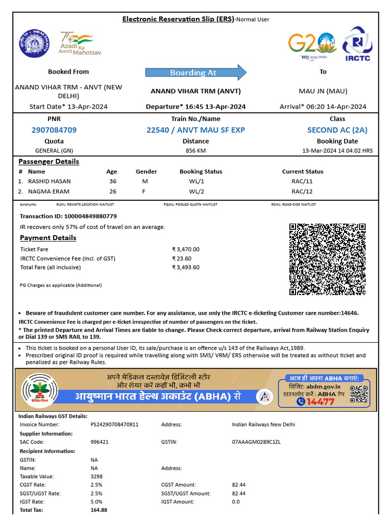Train Ticket Anvt To Mau 13 April 2024 | PDF | Identity Document