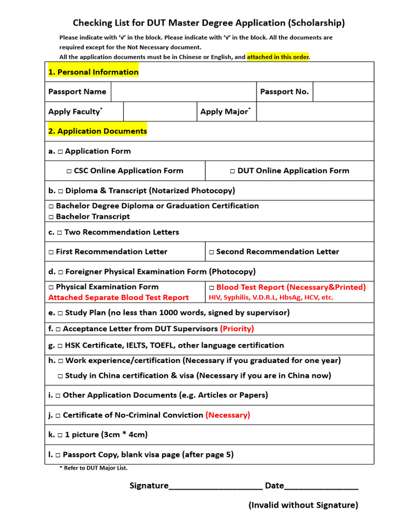 Checking List For Dut Master Degree Application PDF