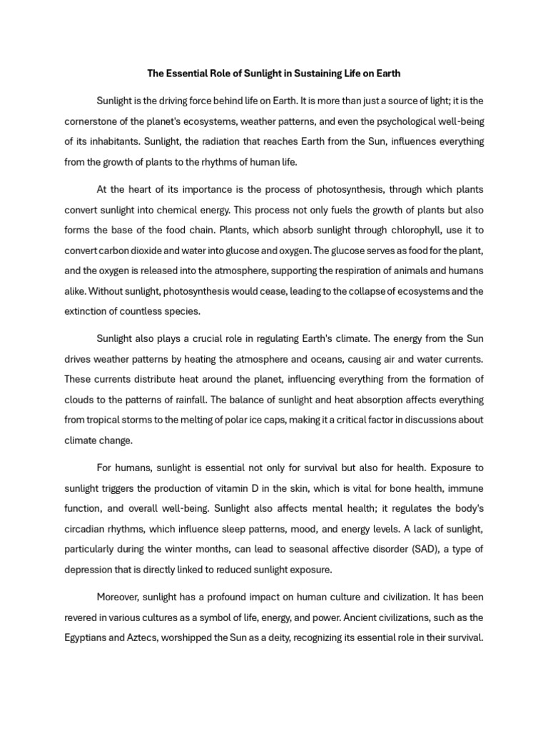 The Essential Role of Sunlight in Sustaining Life On Earth | PDF ...