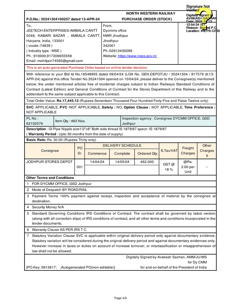 Purchase Order for GI Pipe Nipple | PDF | Business | Taxation