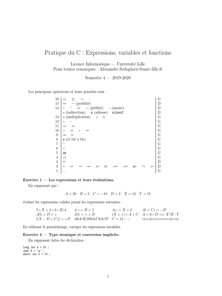 Pratique du C : Expressions et Fonctions | PDF | Programmation ...