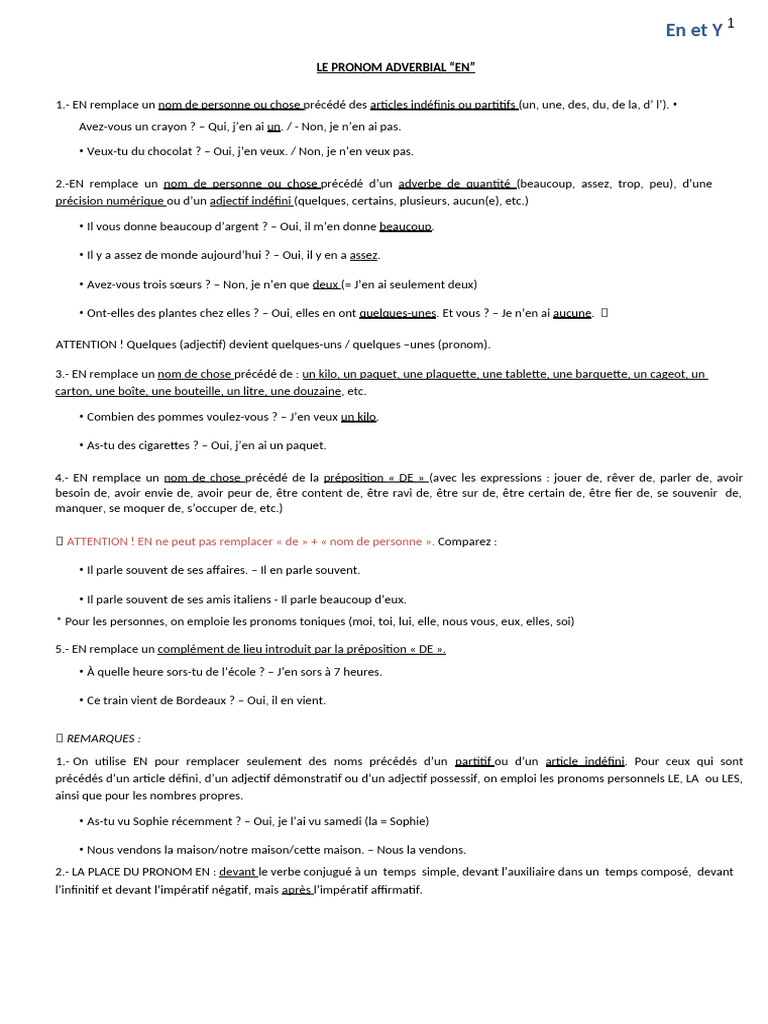 Exercices sur les pronoms "en" et "y" | PDF | Pronom | Mécanique du langage