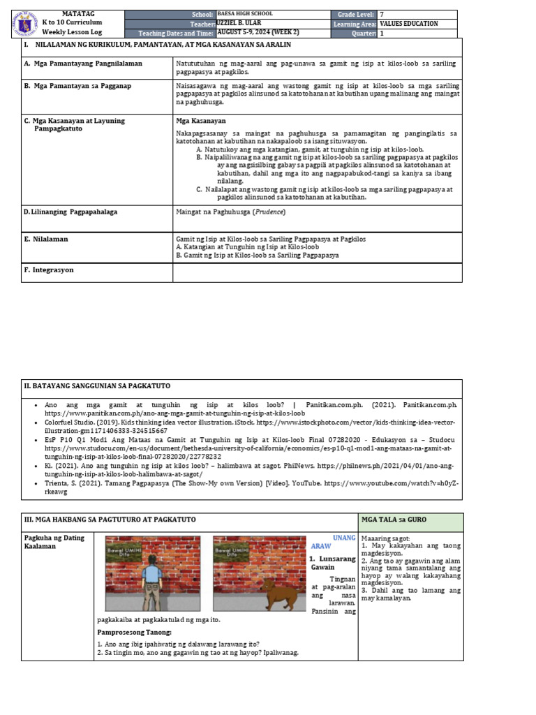 DLL Matatag Values Education 7 q1 w1 | PDF