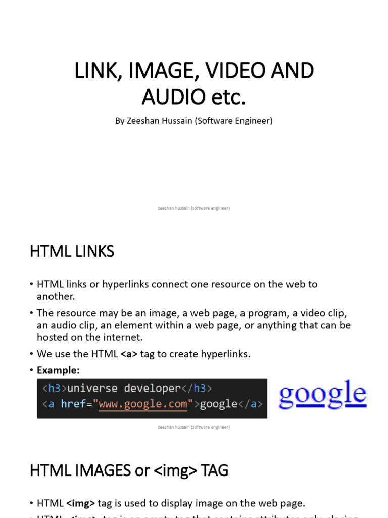 HTML Links, Images, Videos and Audios | PDF | Html | World Wide Web