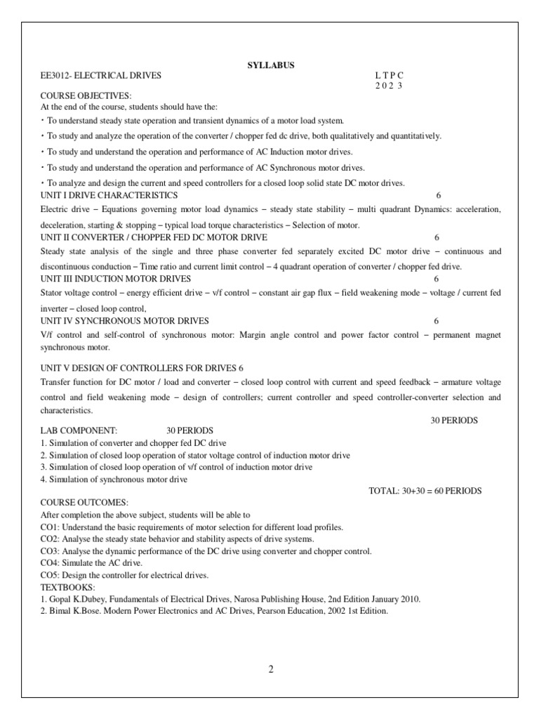 EE3012 Electrical Drives Syllabus | PDF | Electric Motor | Power Inverter