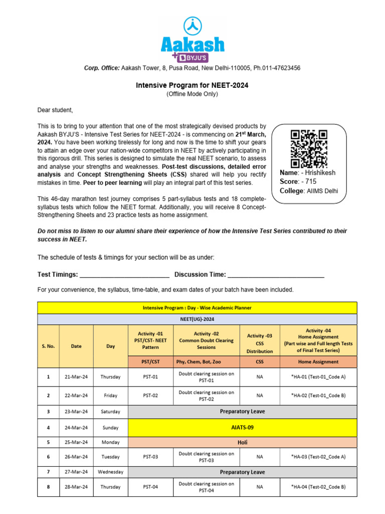 Aakash NEET 2024 Intensive Test Series | PDF | Tests | Qualifications