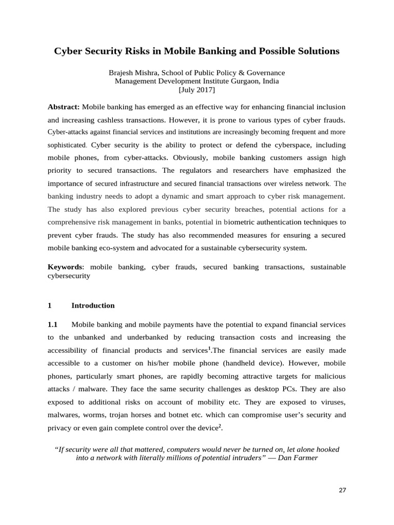 Cyber Security Risksin Mobile Bankingand Possible Solutions | PDF ...