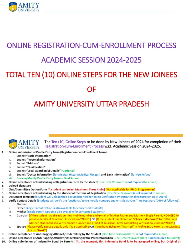Amity University Enrollment Steps 2024 | PDF | Password | Online And ...