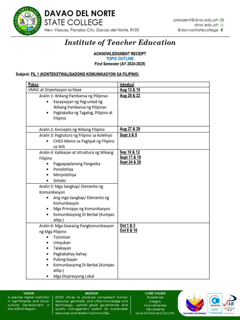 Fil 1 Topic Outline | PDF
