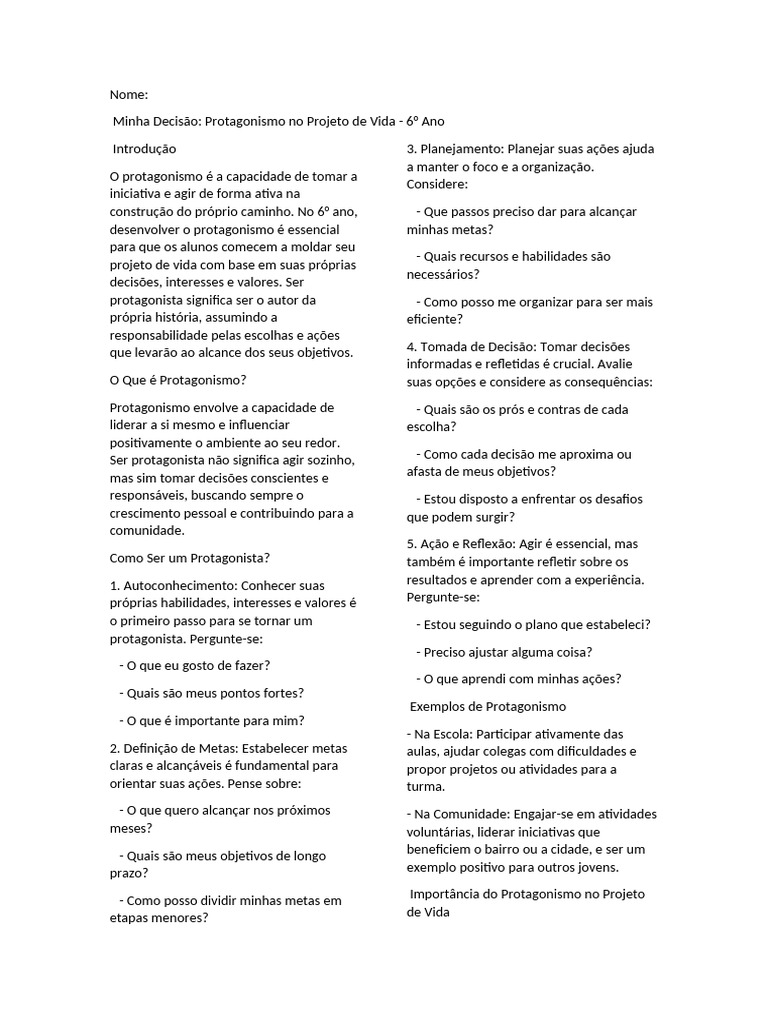 Protagonismo no Projeto de Vida: 6º Ano | PDF | Vida | Aprendizado