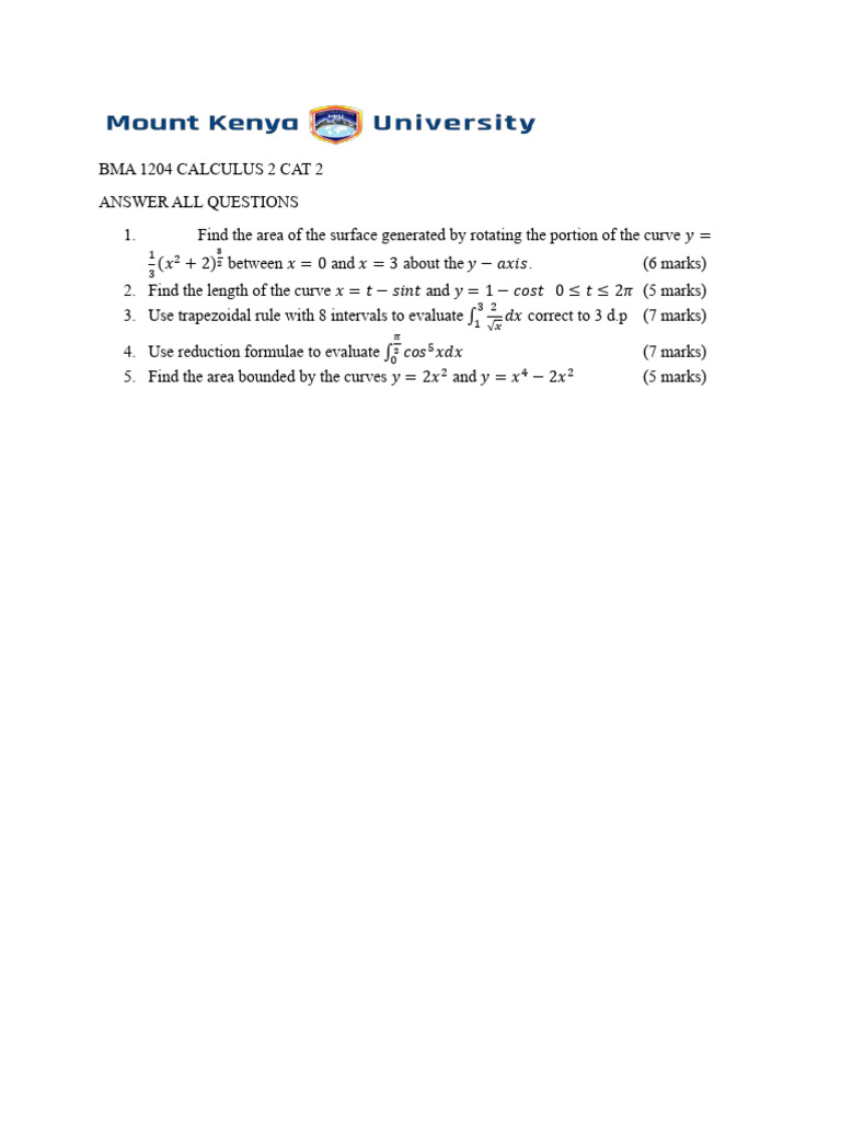 BMA 1204 Calculus 2 Exam Questions | PDF