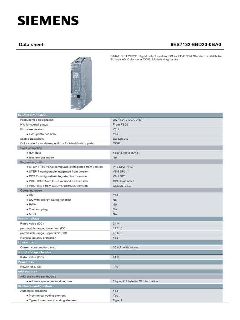 6ES71326BD200BA0 Datasheet en | PDF | Manufactured Goods | Electrical ...
