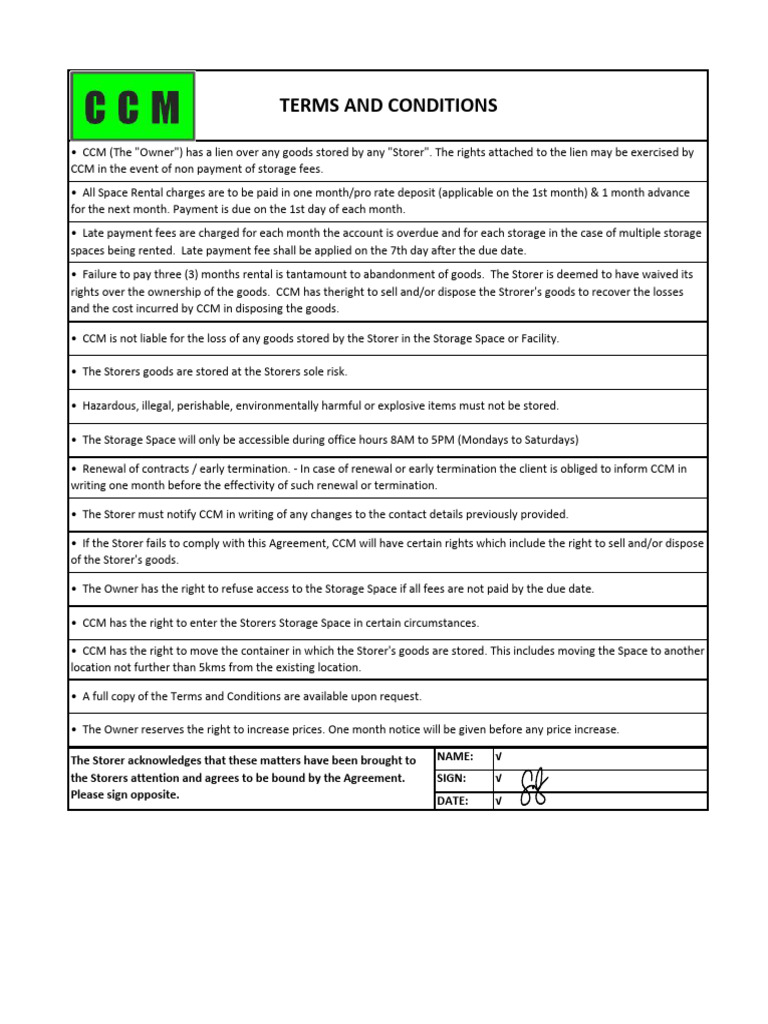 Storage Agreement Terms & Conditions | PDF | Fee | Renting