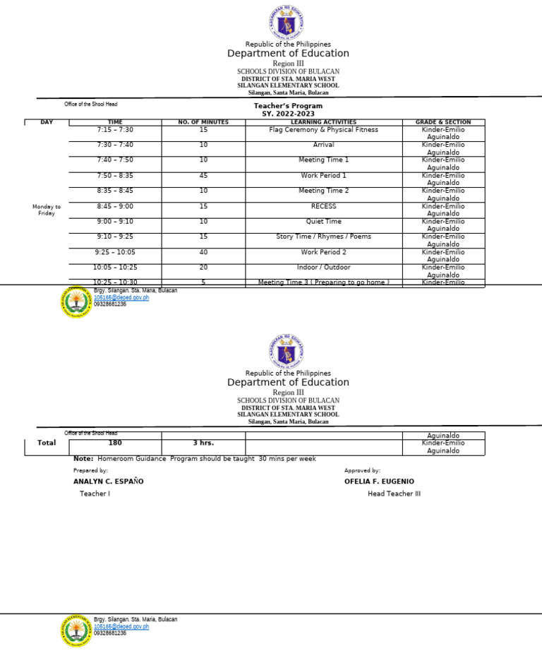 Kinder Daily Schedule | PDF | Philippines