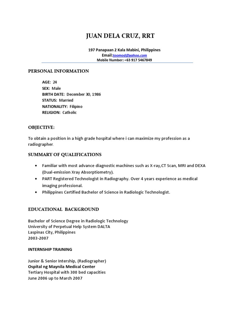 Radiologic Technologist Resume Juan Dela Cruz PDF Radiology  