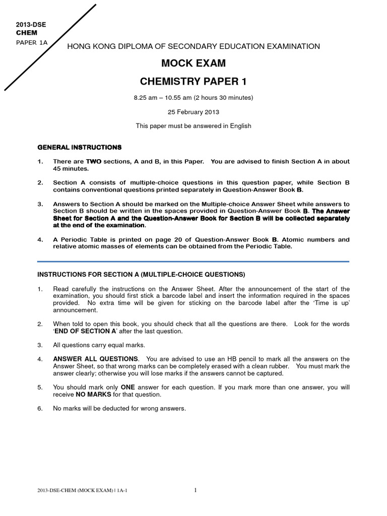 2013 DSE Chemistry Mock Exam Paper | PDF | Precipitation (Chemistry ...
