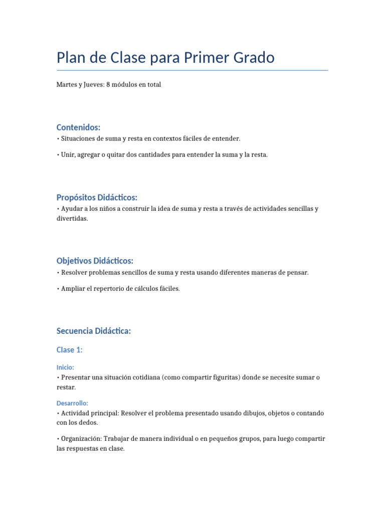 Plan de Clase: Suma y Resta para Primer Grado | PDF | Crecimiento ...