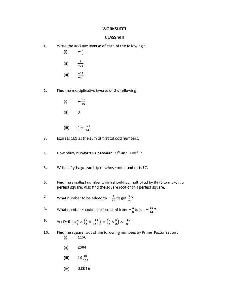 WORKSHEET Class 8 (2024-25) | PDF