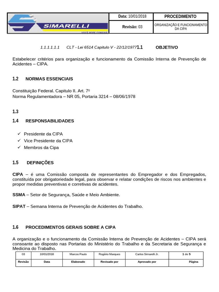 POP 018 ORGANIZAÇÃO E FUNCIONAMENTO DA CIPA | PDF