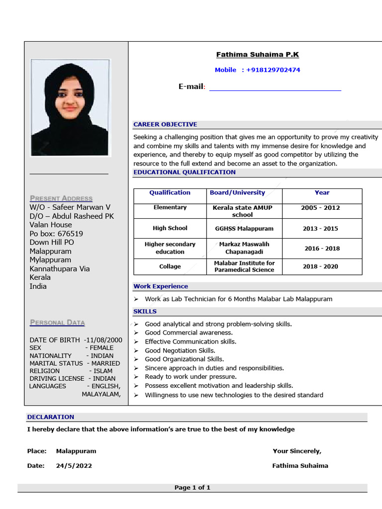 Fathima Suhaima Cv Pdf Cognition